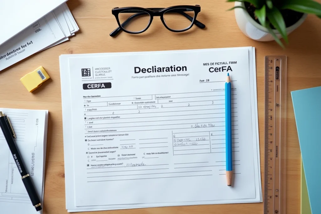 Vue de dessus d'un bureau avec le formulaire CERFA de déclaration d'impôts 2026 partiellement rempli, un stylo, des lunettes et des documents administratifs