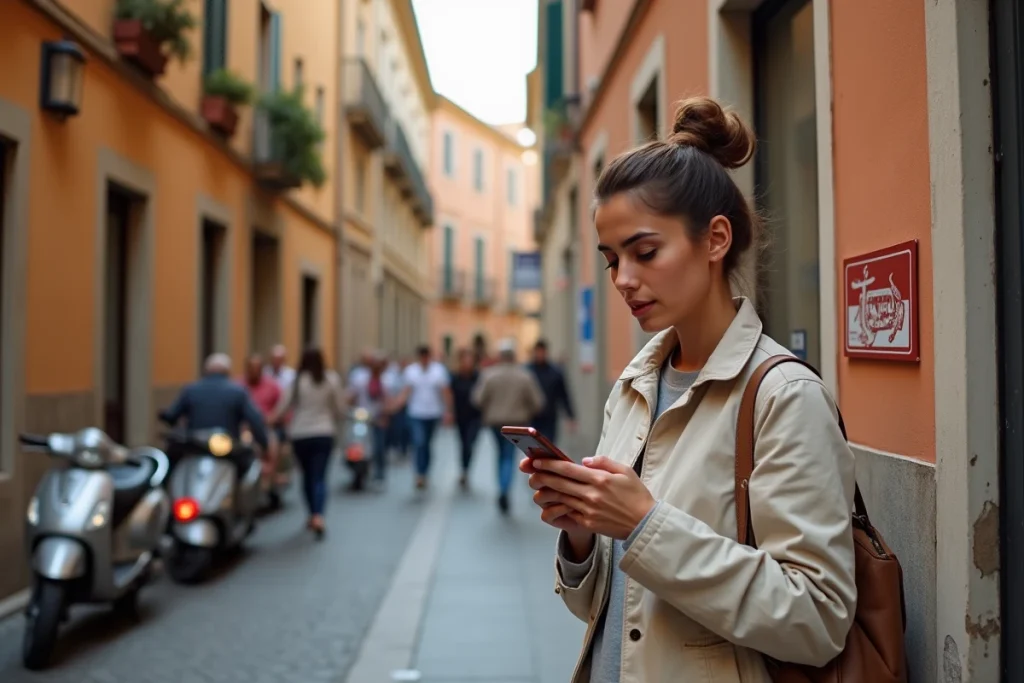 Une femme compare les prix de cigarettes sur son téléphone devant un tabac en Italie