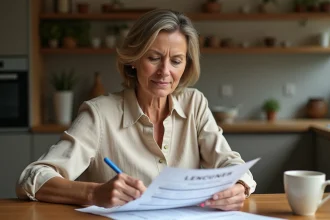 Femme de 40 ans remplissant un formulaire CERFA de déclaration d'impôts à une table en bois dans une cuisine française