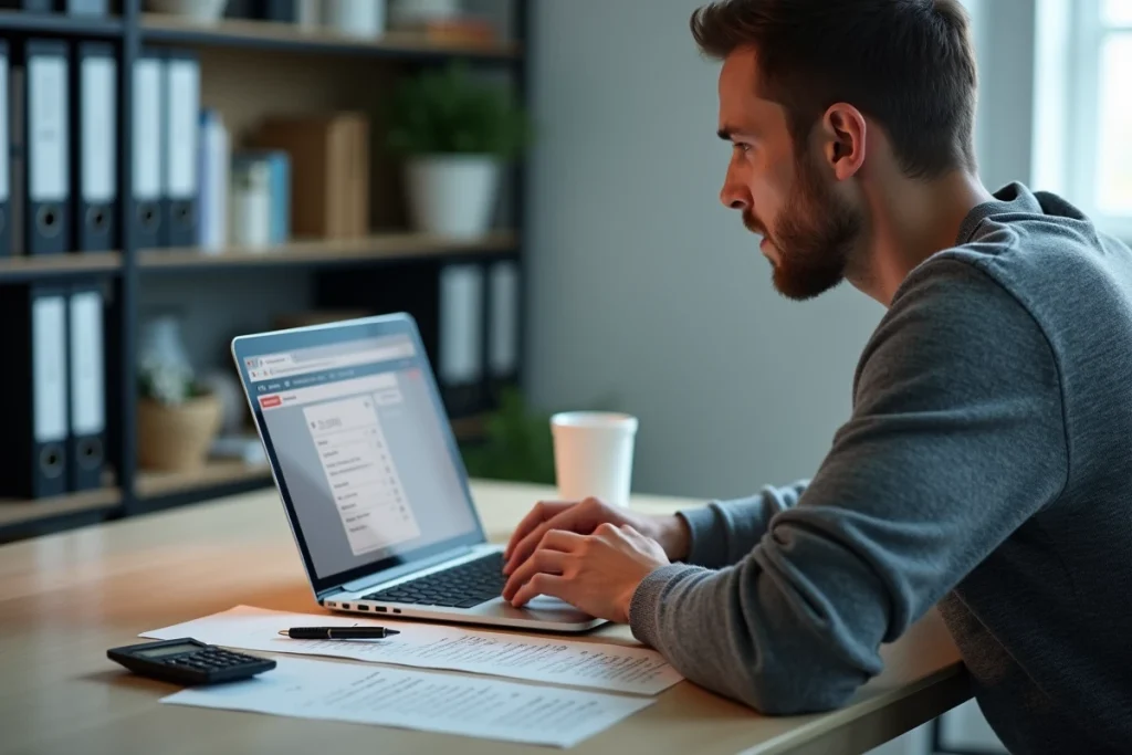 Homme utilisant un ordinateur portable et un formulaire CERFA imprimé pour remplir sa déclaration de revenus 2026 dans un bureau à domicile