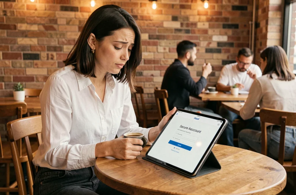 Jeune femme accédant à son compte sécurisé sur une tablette dans un café urbain