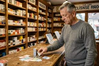 Homme achetant un paquet de cigarettes dans un kiosque suisse avec des euros et des francs suisses posés sur le comptoir