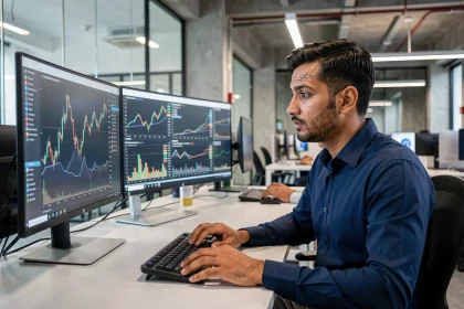Analyste financier consultant des graphiques de crypto-monnaies sur plusieurs écrans dans un bureau fintech moderne en 2024