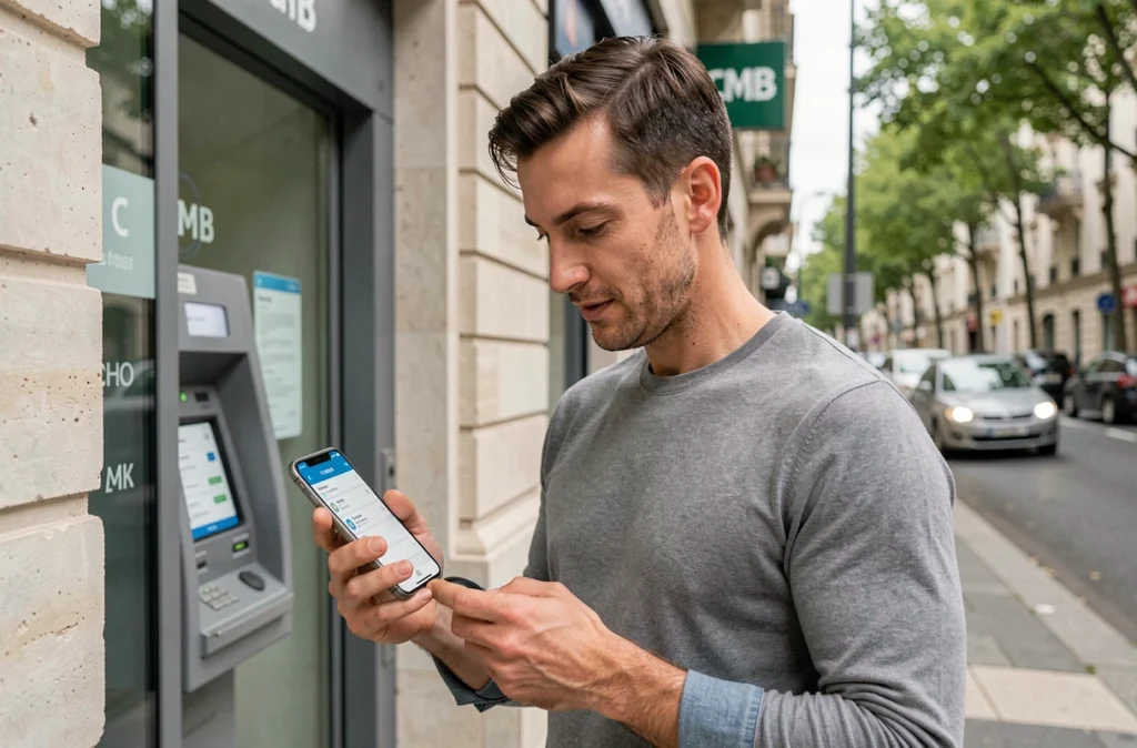 Homme consultant l'application mobile CMB devant une agence bancaire pour vérifier la sécurité de son espace client