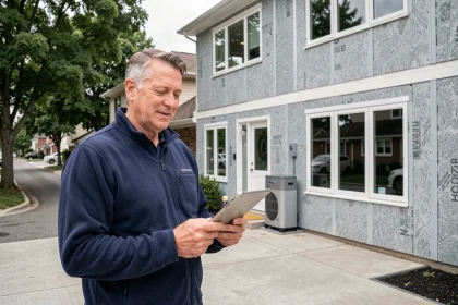 Architecte tenant une tablette devant une maison rénovée avec isolation thermique extérieure et pompe à chaleur