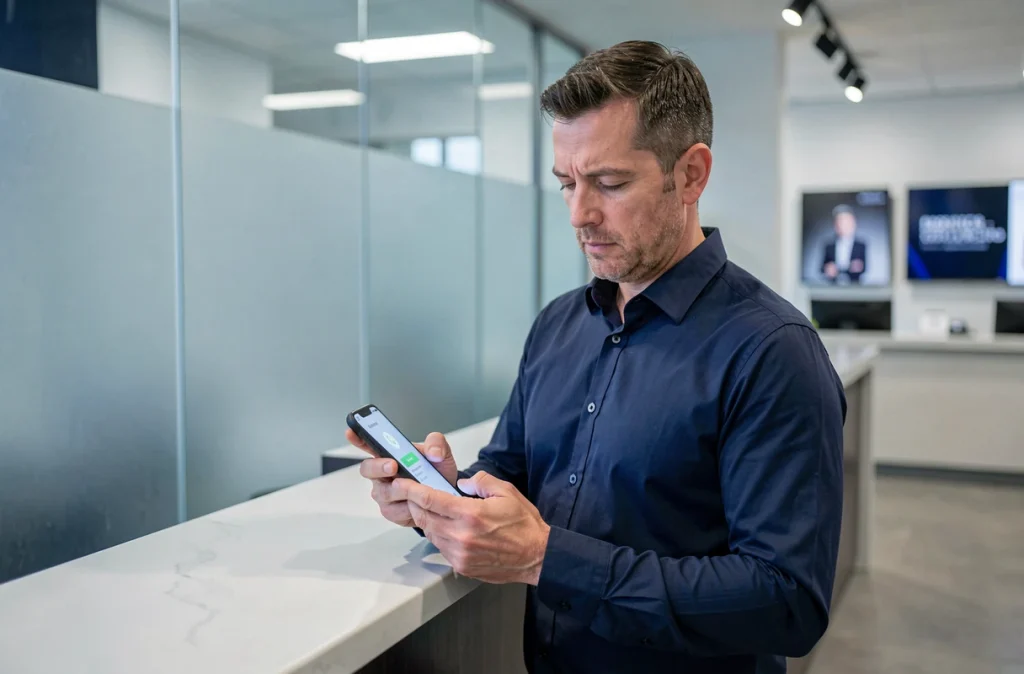 Homme utilisant son smartphone pour une authentification à deux facteurs dans une agence bancaire