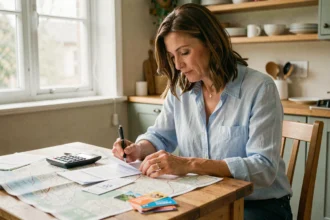 Femme organisant son budget transport de vacances avec des chèques vacances, des reçus et une carte routière sur une table en bois