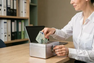 Femme d'entreprise rangeant des billets dans une caisse pour argent métallique sur un bureau de bureau moderne