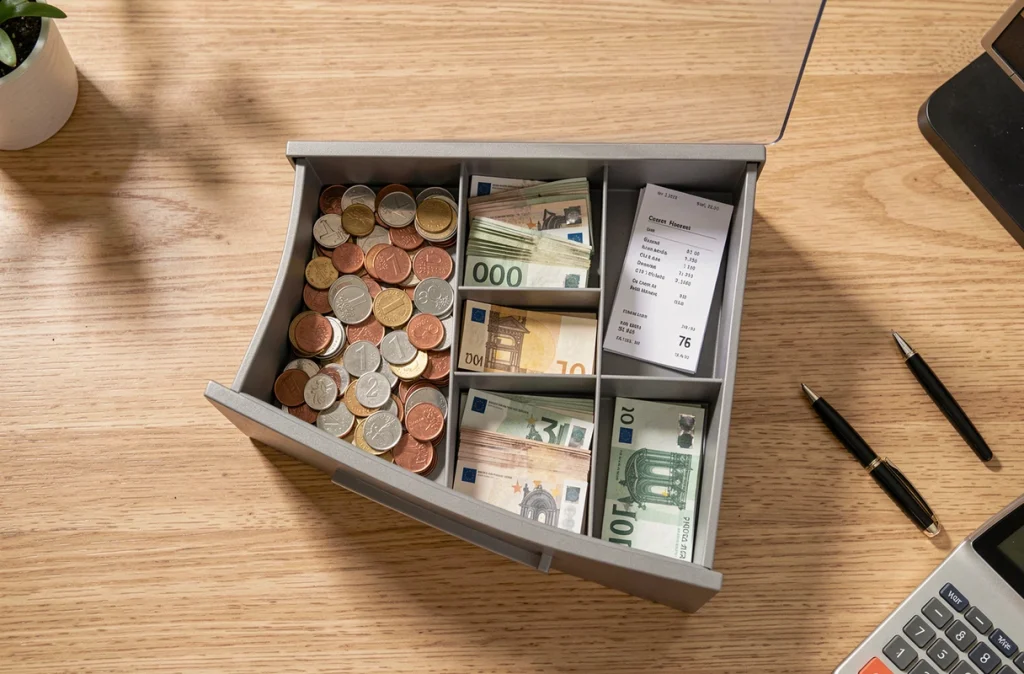 Vue de dessus d'une caisse à monnaie ouverte avec compartiments de billets et pièces en euros sur un bureau en bois