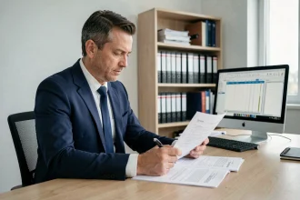 Comptable masculin en costume bleu marine examinant un document fiscal lié au changement d'exercice et à la date d'acompte IS