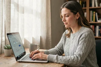 Femme connectée à son compte en ligne depuis un bureau à domicile avec un ordinateur portable