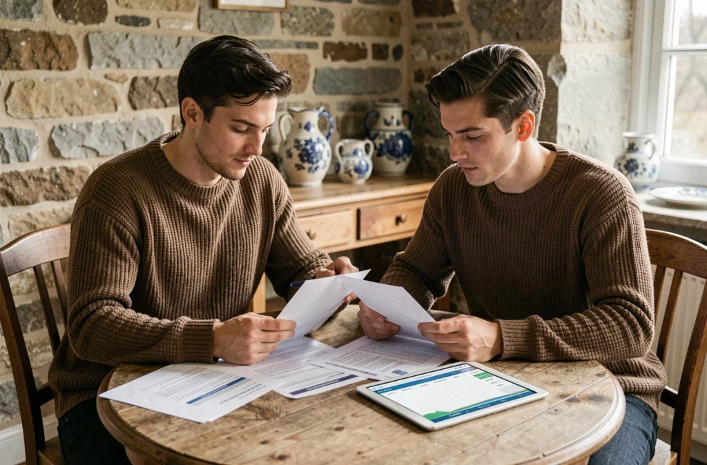 Couple breton analysant leurs relevés bancaires CMB pour optimiser leurs frais de compte ensemble