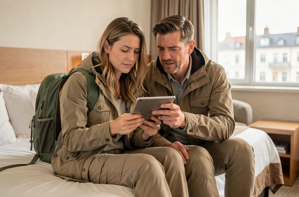 Couple vérifiant l'accès à leur compte bancaire LCL depuis une chambre d'hôtel à l'étranger sur tablette