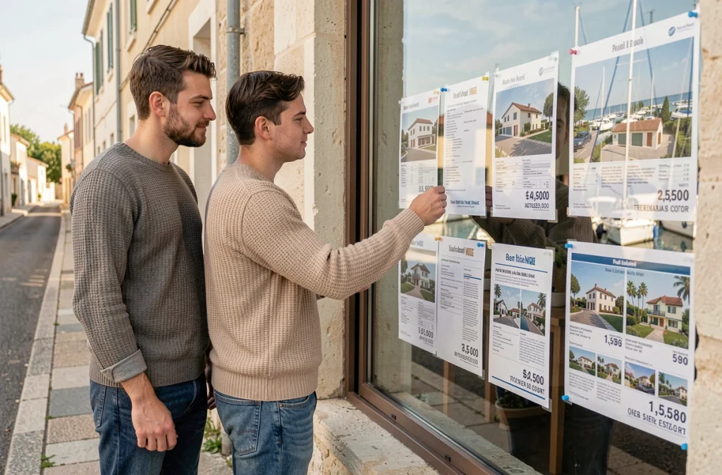 Jeune couple local consultant les annonces immobilières d'une agence en bord de mer, face à des prix inaccessibles liés aux résidences secondaires