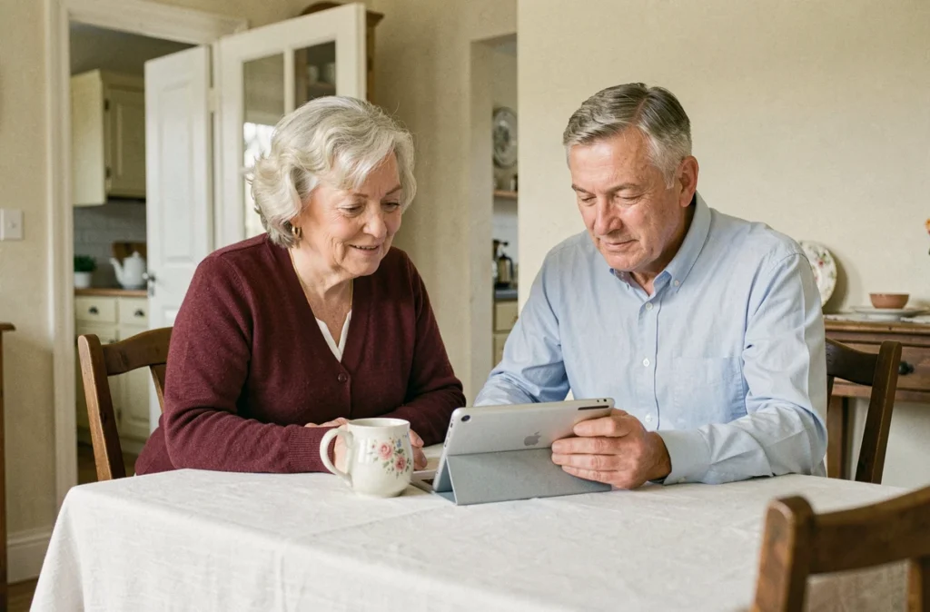 Couple de seniors consultant ensemble leur espace client CMB sur une tablette à domicile pour gérer leurs comptes en toute sécurité