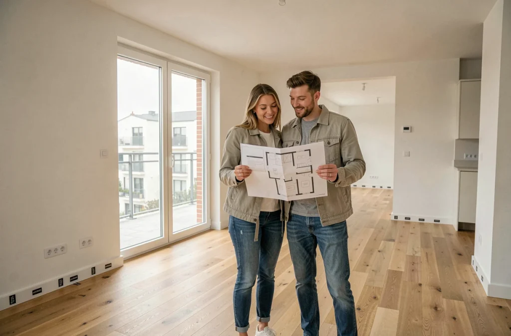Couple visitant un appartement neuf vide à Bordeaux avec plan en main