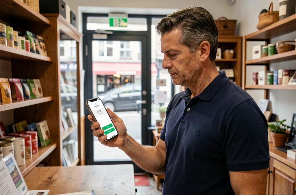 Employé de commerce consultant un calculateur de salaire net sur smartphone, en lien avec le SMIC et le salaire brut de 1800 euros en 2026