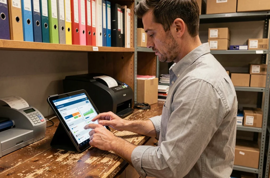 Chef d'entreprise consultant son application bancaire professionnelle sur tablette dans l'arrière-boutique