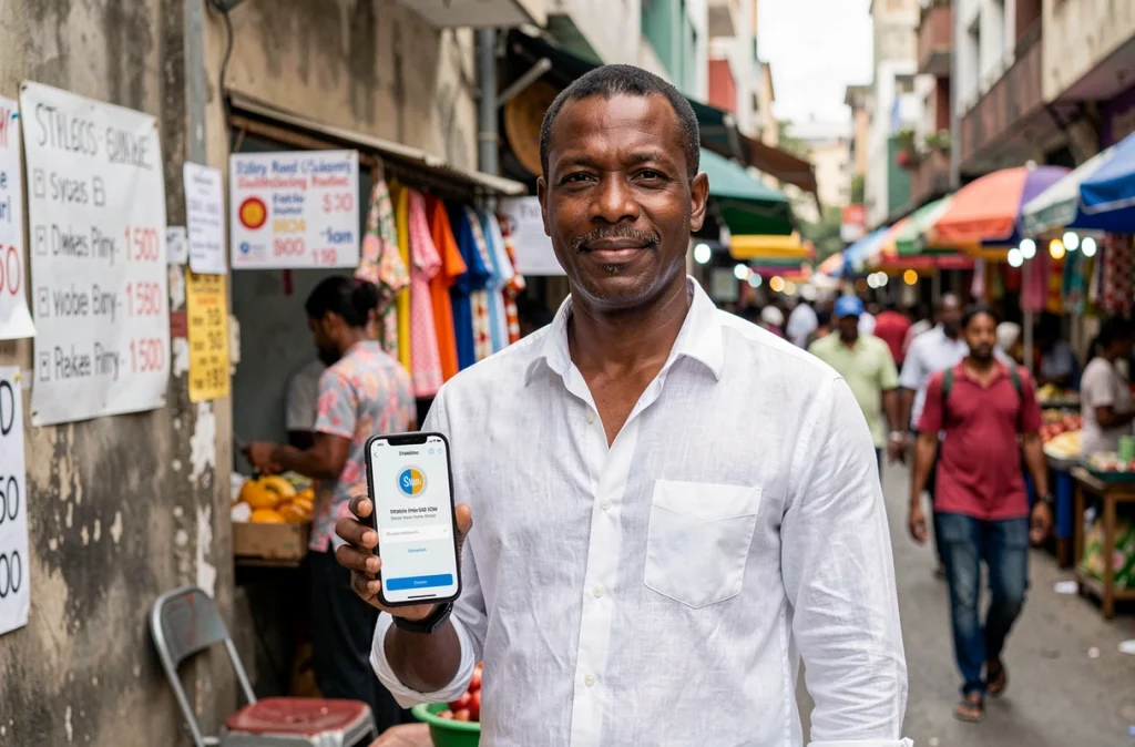Entrepreneur utilisant un stablecoin pour une transaction internationale depuis un marché urbain