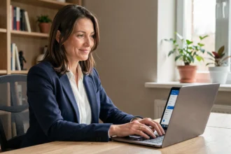 Femme utilisant l'espace client CMB sur un ordinateur portable pour gérer ses finances en ligne en toute sécurité