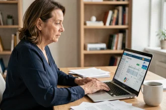 Femme consultant son compte bancaire CMB Bretagne sur un ordinateur portable pour optimiser ses frais