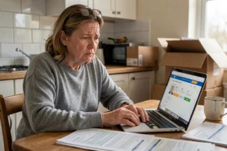 Femme gérant des documents administratifs de pension invalidité après un déménagement