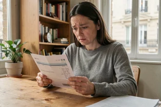 Femme consultant sa fiche de paie à domicile, illustrant le calcul du salaire net à partir de 1800 euros brut au SMIC en 2026