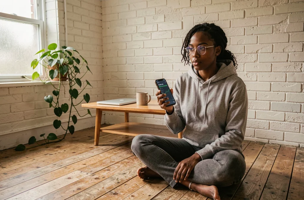 Jeune femme explorant une application de finance décentralisée sur smartphone dans un studio minimaliste à domicile