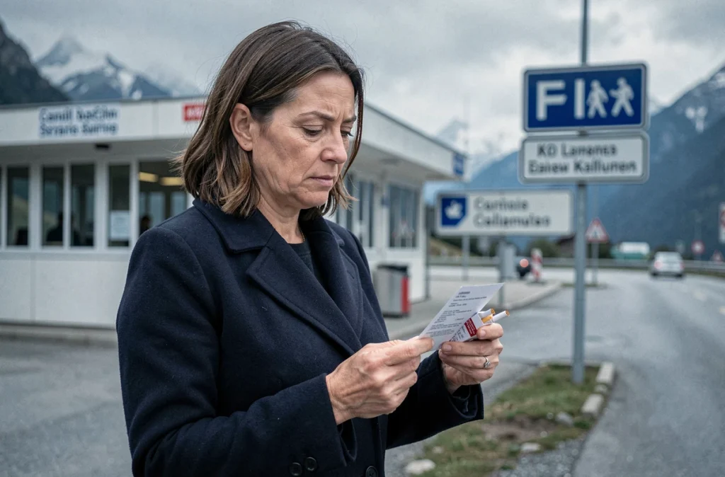 Femme analysant un reçu d'achat de cigarettes près d'un poste frontière suisse, comparaison des prix en euros