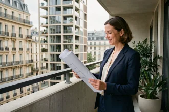 Femme consultant des plans architecturaux sur un balcon avec vue sur des immeubles neufs à Lyon