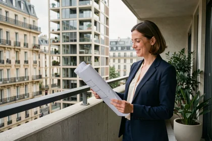 Femme consultant des plans architecturaux sur un balcon avec vue sur des immeubles neufs à Lyon