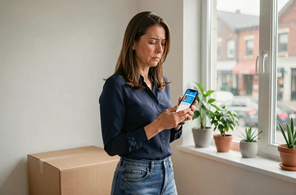 Femme consultant une notification de pension invalidité sur smartphone dans un appartement vide après séparation
