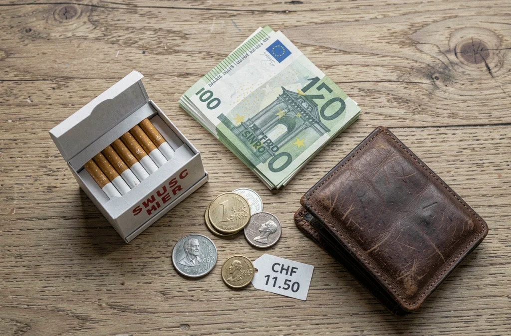 Flat-lay éditorial montrant un paquet de cigarettes suisses, des billets en euros et des pièces de franc suisse sur une table en bois