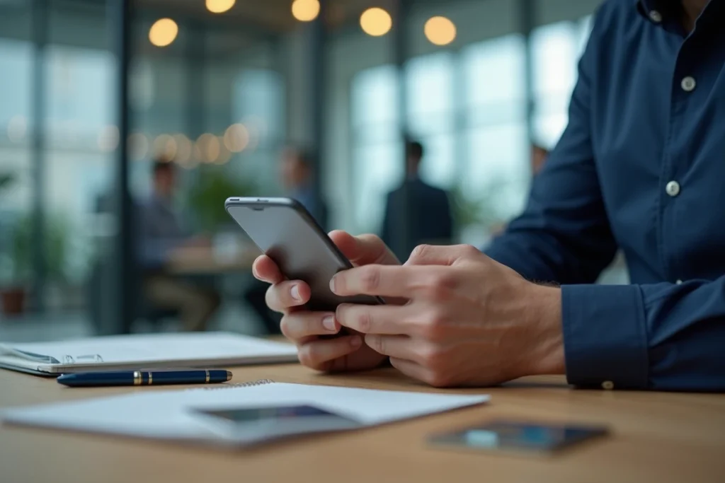 Homme gérant sa carte bancaire en ligne via l'application mobile Crédit Agricole du Languedoc au bureau