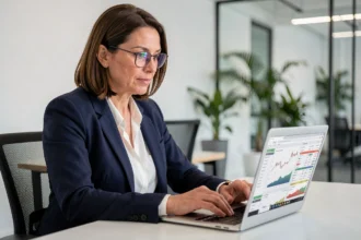 Professionnelle gérant la trésorerie de son entreprise en ligne sur un laptop dans un bureau moderne