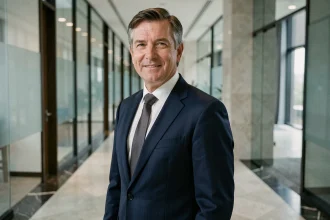 Homme d'affaires discret en costume marine dans un couloir d'entreprise illustrant la fortune et l'image publique d'André-Louis Auzière