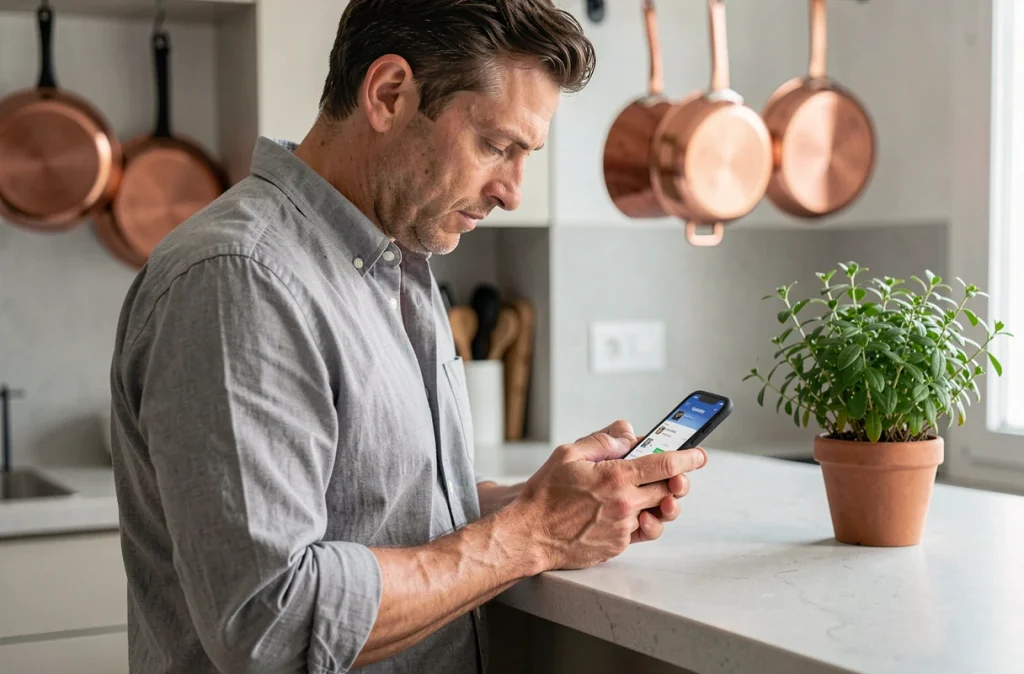 Homme utilisant l'application mobile CMB Bretagne pour gérer et réduire ses frais bancaires