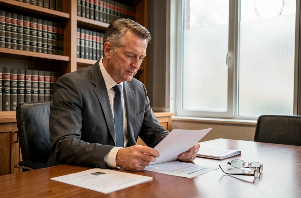 Homme discret en costume gris consultant des documents dans un bureau privé, évoquant la carrière financière d'André-Louis Auzière