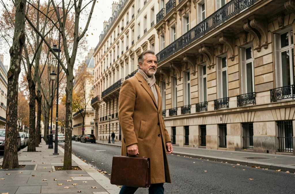 Homme élégant en manteau camel marchant dans une rue parisienne haussmannienne, illustrant la discrétion et le profil bas d'André-Louis Auzière