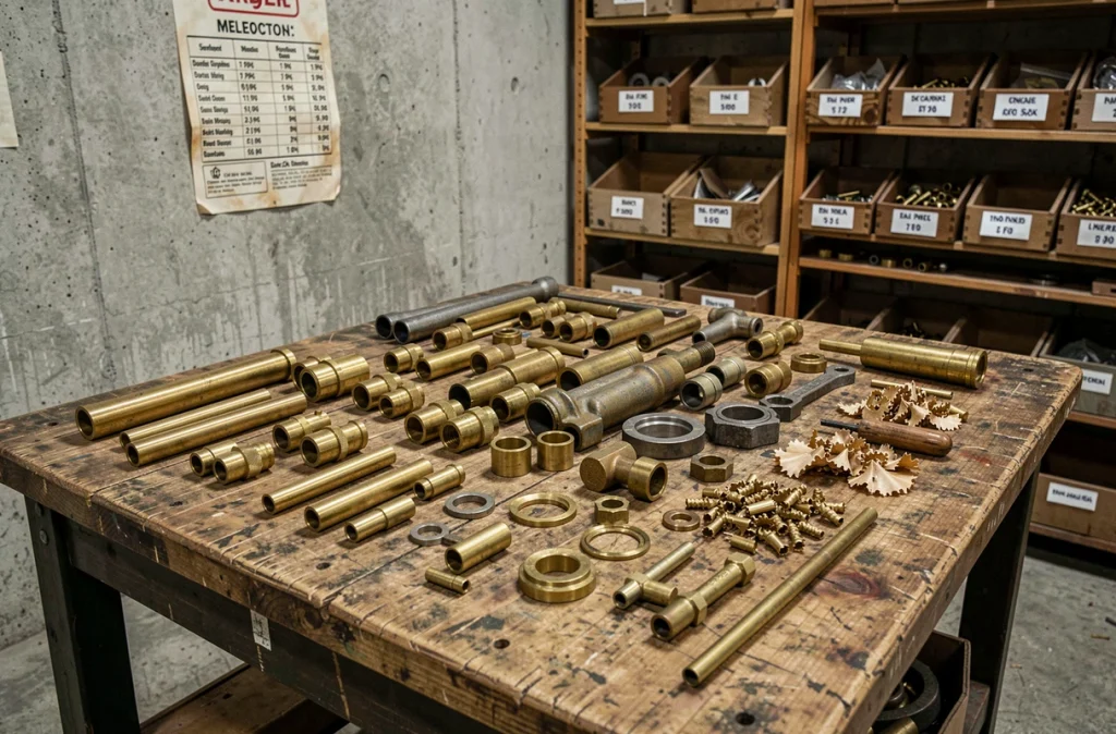 Assortiment de pièces en laiton de récupération sur un établi dans un entrepôt de négoce de métaux régional