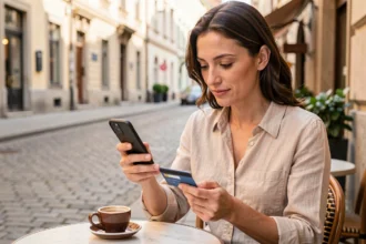 Femme consultant son application bancaire LCL sur smartphone en terrasse de café à l'étranger