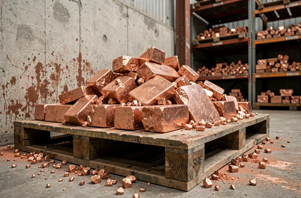 Lingots et granules de cuivre brut entassés dans un entrepôt de fonderie métallurgique