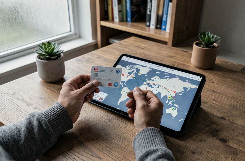 Mains tenant une carte et une tablette affichant une carte mondiale des transferts en stablecoins