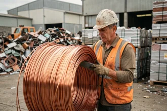Ouvrier inspectant des bobines de cuivre dans un centre de recyclage industriel en 2026