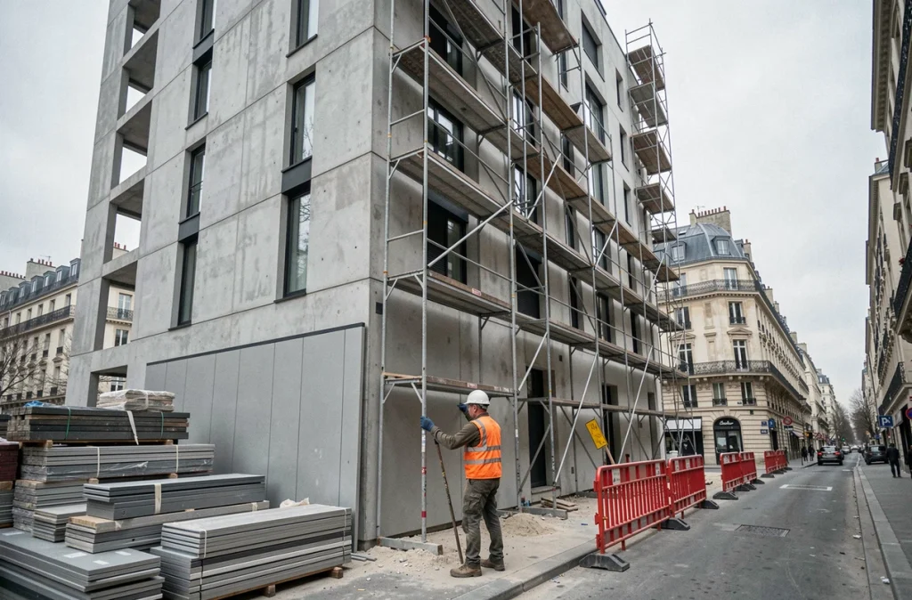 Ouvriers inspectant la façade d'un immeuble résidentiel neuf en construction à Paris