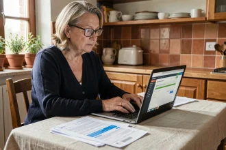 Femme payant ses impôts en ligne sur le portail creances publiques fr depuis sa cuisine