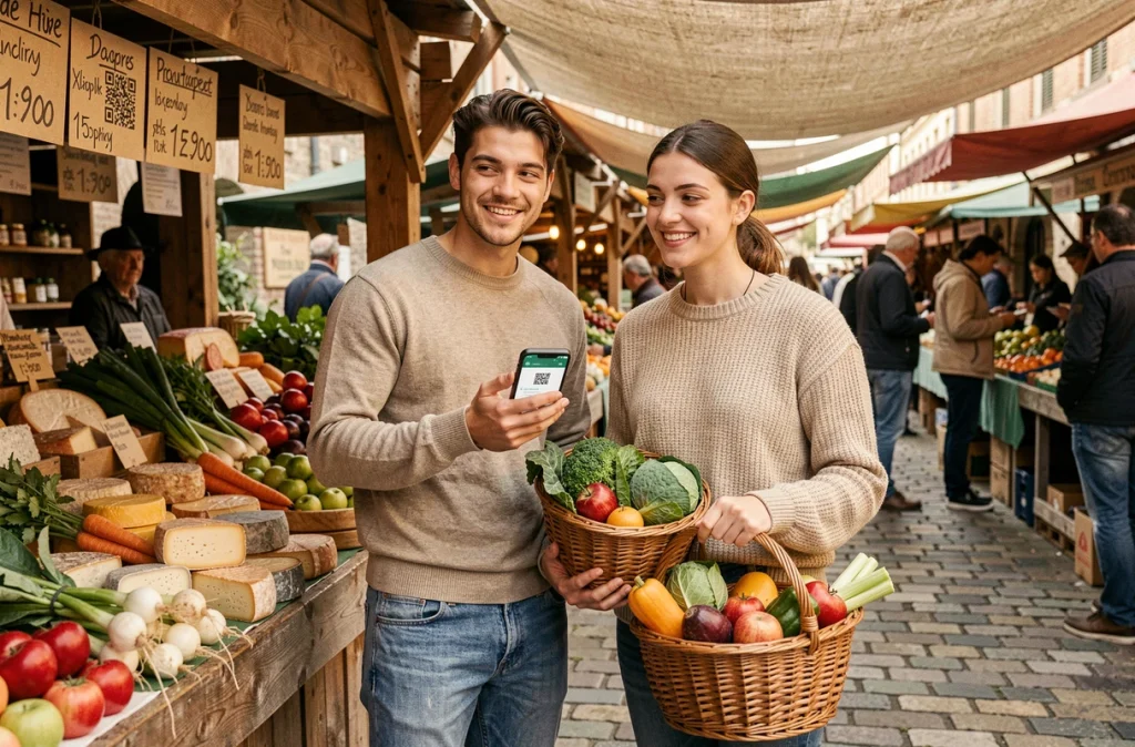 Couple réglant un achat de produits locaux via un paiement public numérique au marché