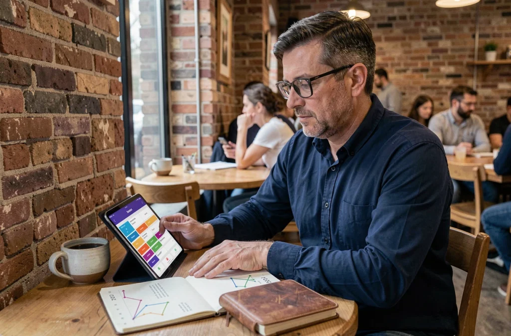 Homme travaillant sur son plan budgétaire 2026 dans un café avec tablette et carnet de notes financières