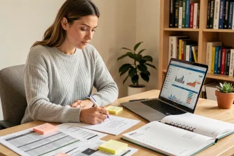 Femme planifiant son budget annuel 2026 à son bureau avec des tableaux financiers et un agenda ouvert