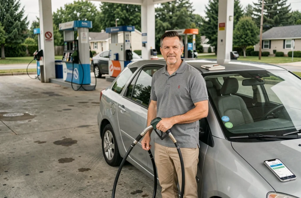 Homme faisant le plein d'essence à une station-service en gérant son budget carburant pour les vacances avec un carnet de notes